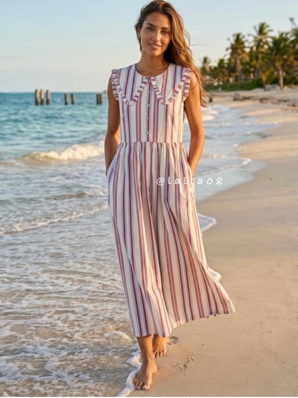 Caroline Constas Striped Ruffle-Collar Maxi Dress Red, White & Blue